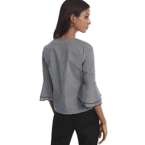 White House Black Market Black + White Gingham Bell Sleeve Carmen Blouse Size 4 - Picture 2 of 6